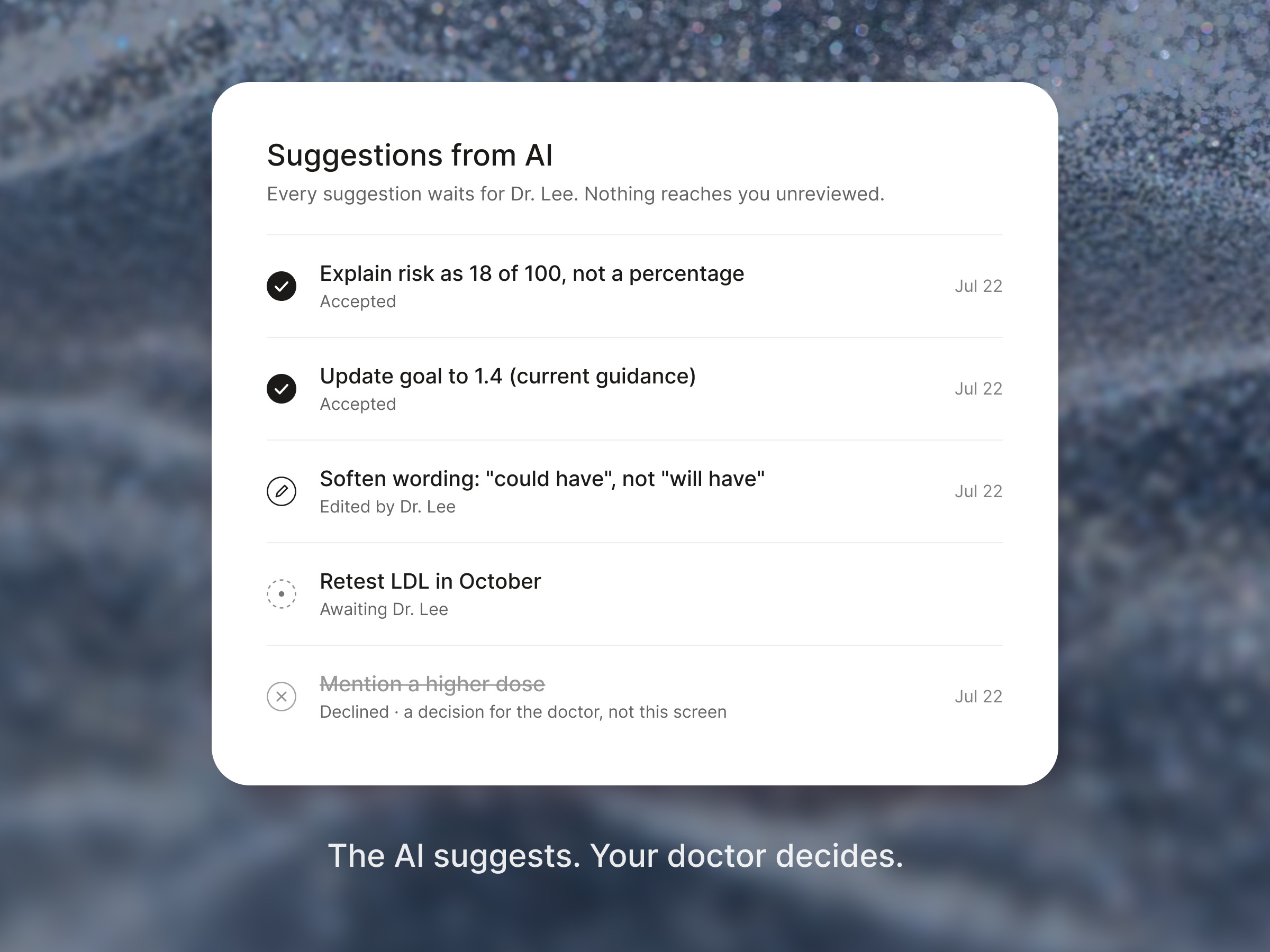 The doctor's review view listing AI suggestions, each awaiting approval, with a medication question declined.