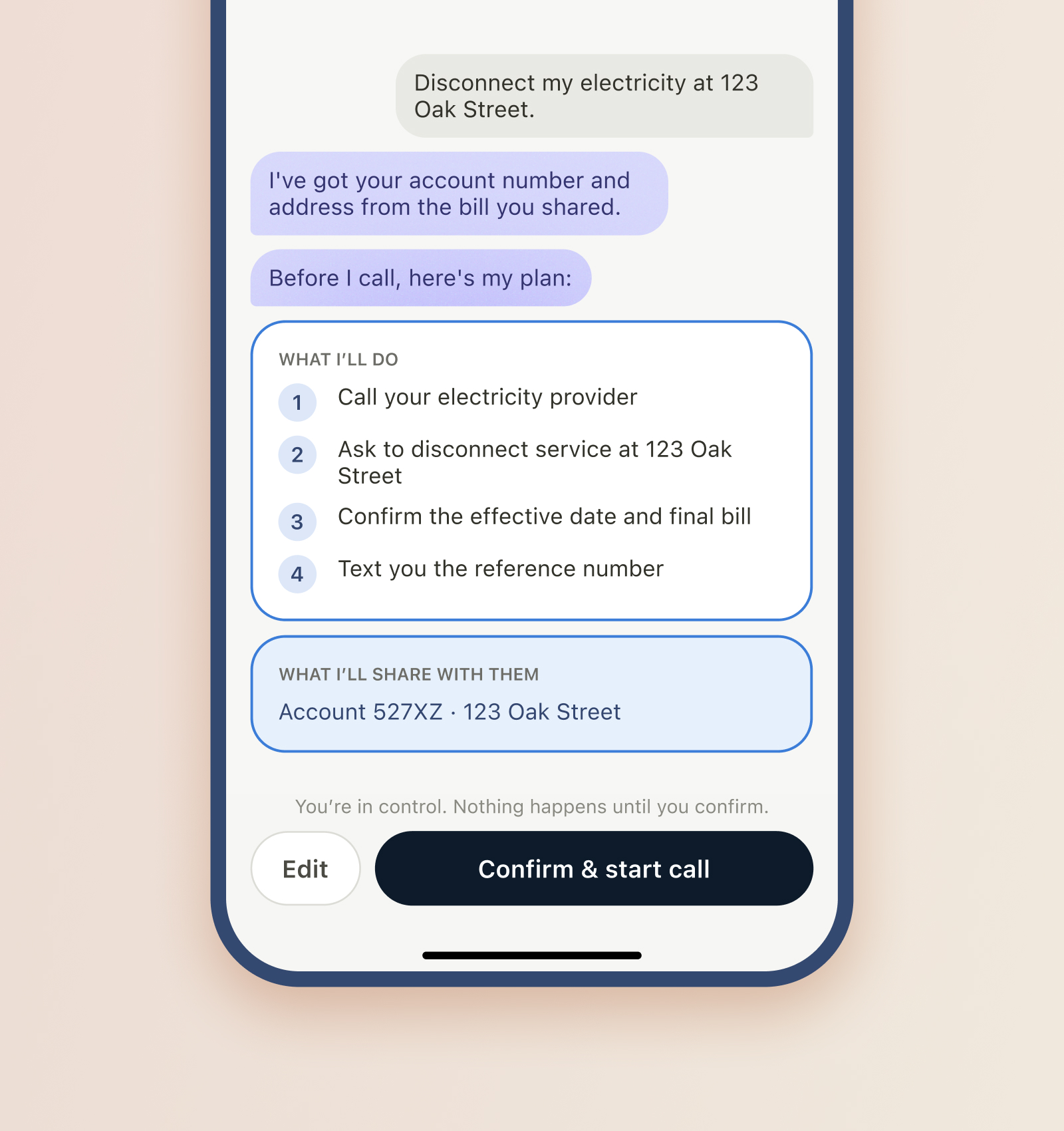 A CallForMe chat where the agent lays out its plan and the Ready to call go-ahead sits at the bottom of the same thread.