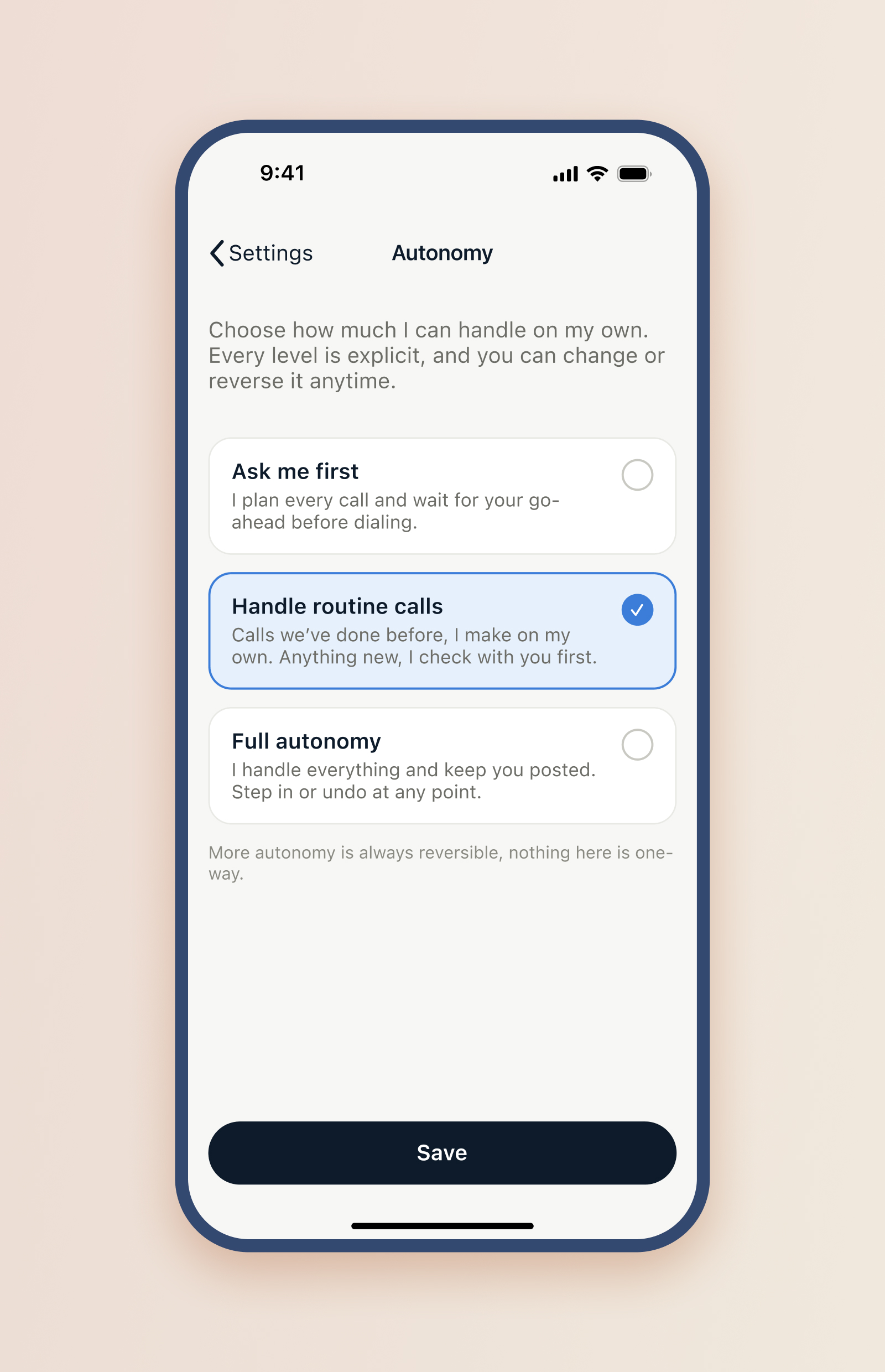 CallForMe autonomy setting screen.