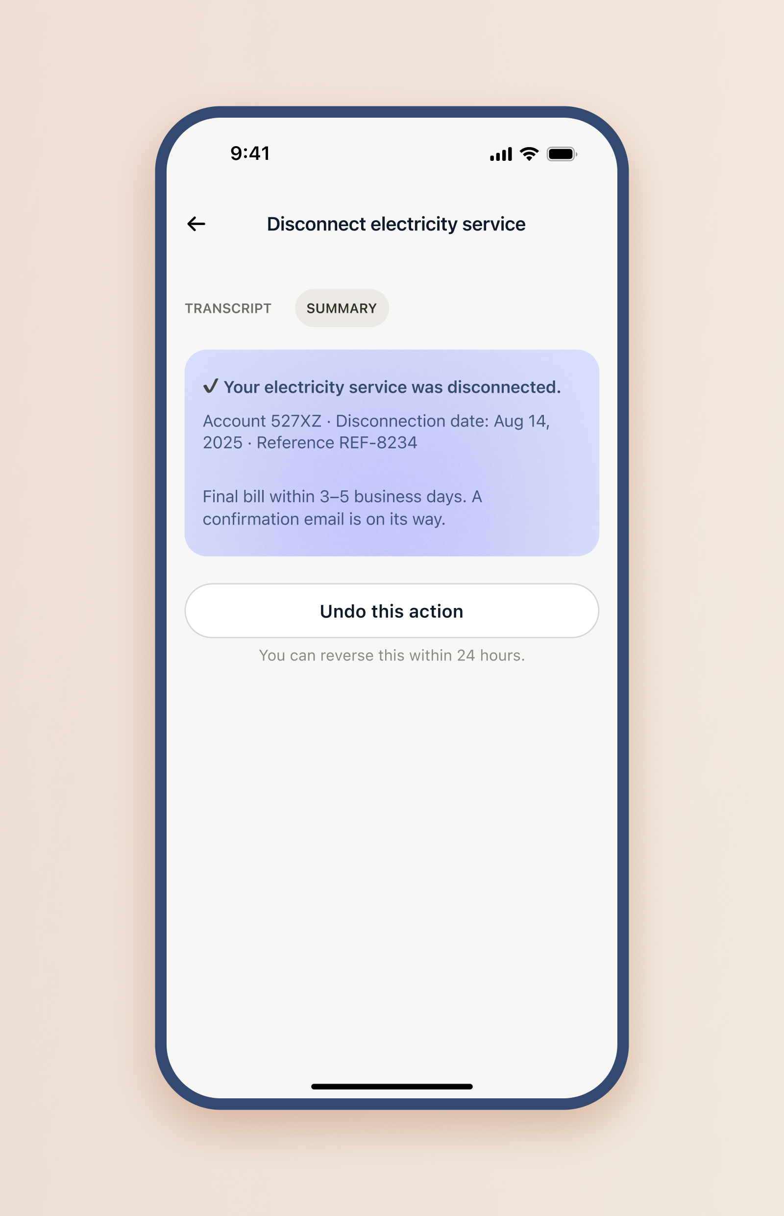 CallForMe call summary success screen.