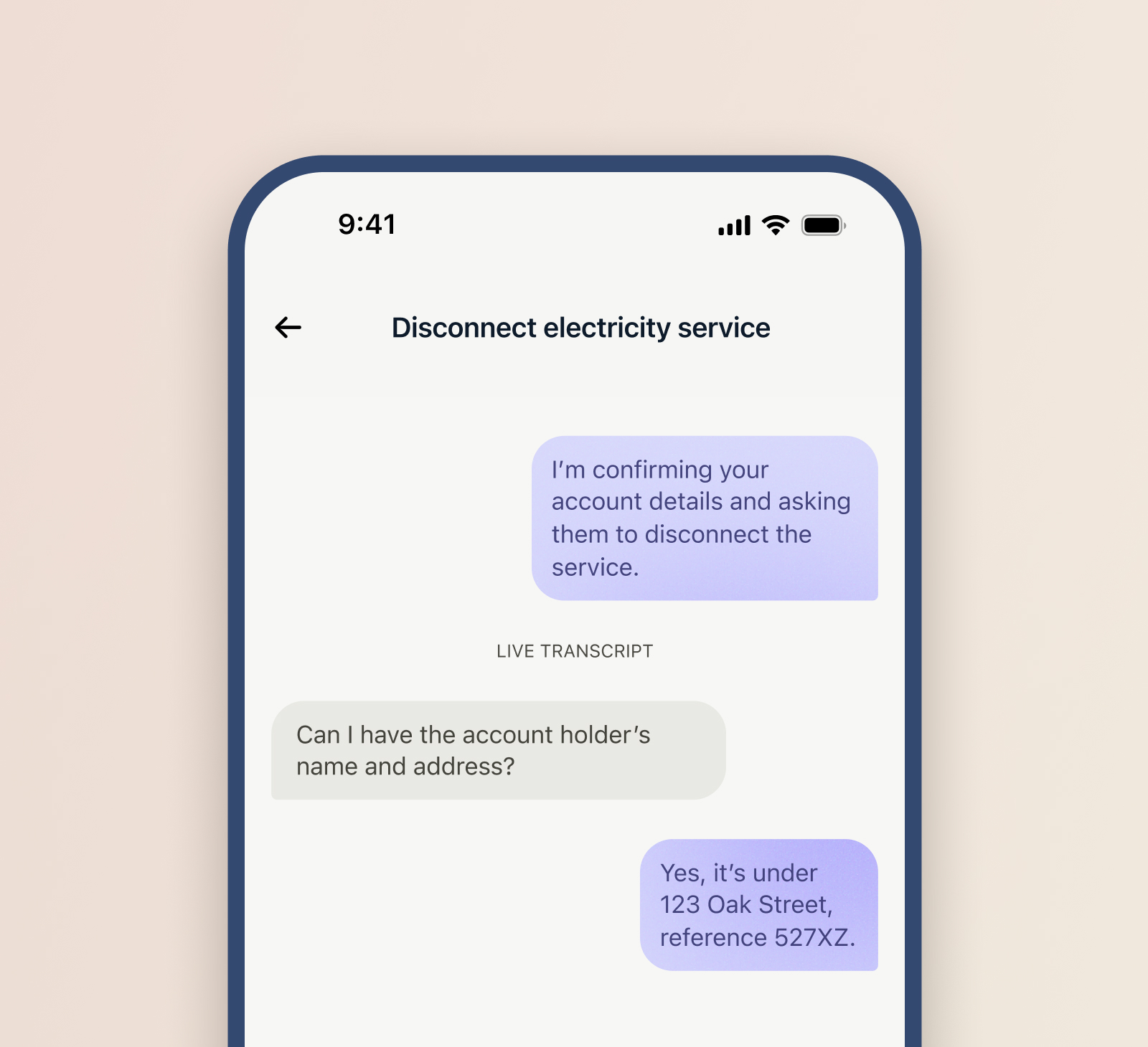 A CallForMe chat: periwinkle bubbles on the right for the agent, neutral grey on the left for the provider, blue reserved for the user's own choices.