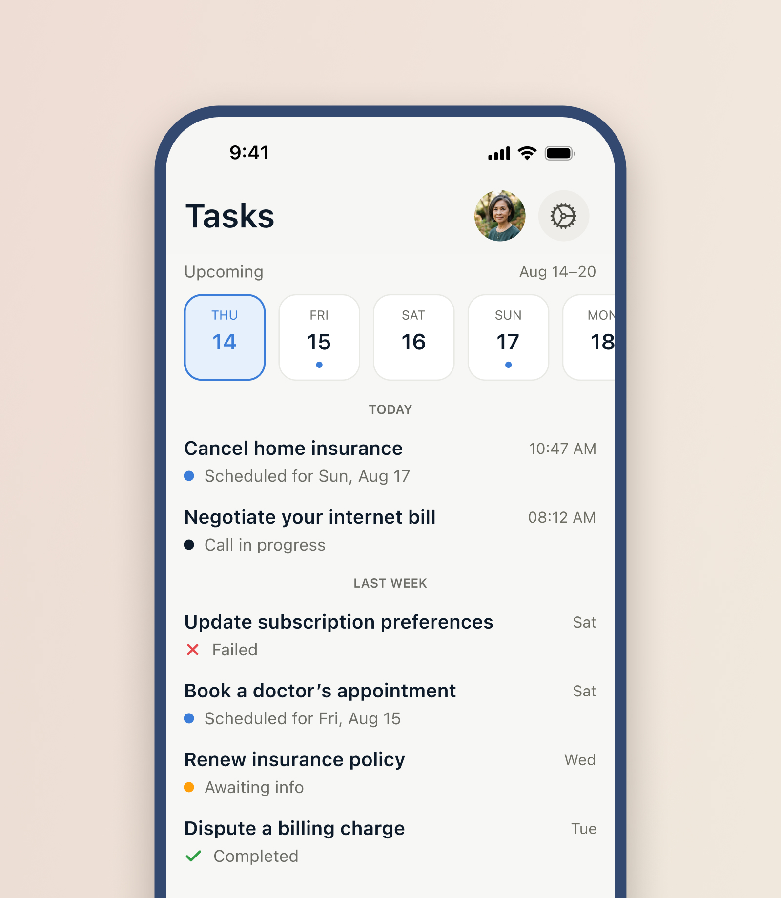 A CallForMe task list where each row's status says whose move it is, with a chevron on the user's own tasks.