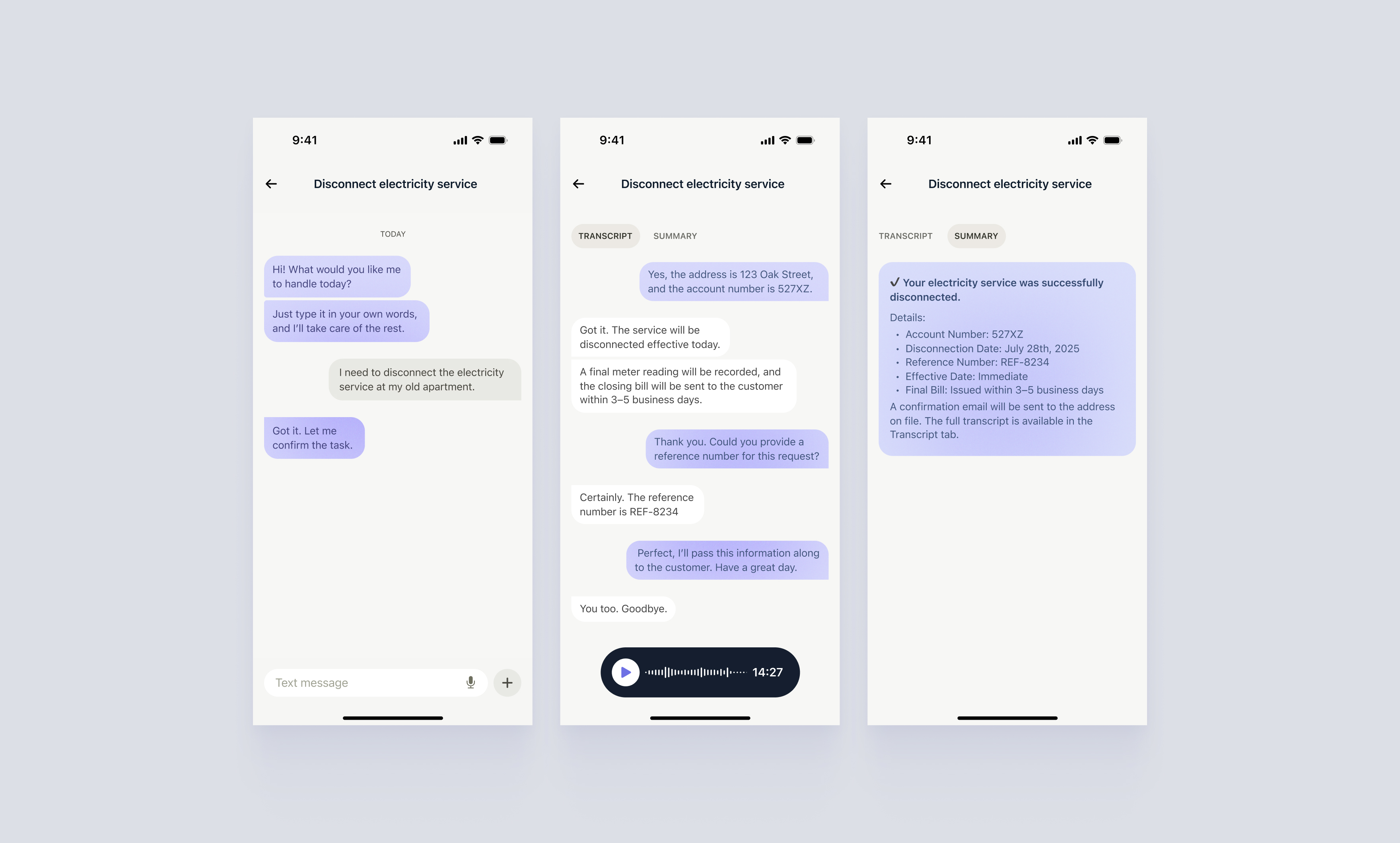 Three phone screens showing an AI mediator disconnecting an electricity service — the user's chat, the provider's transcript, and a final summary. The AI's messages appear in purple across all three.