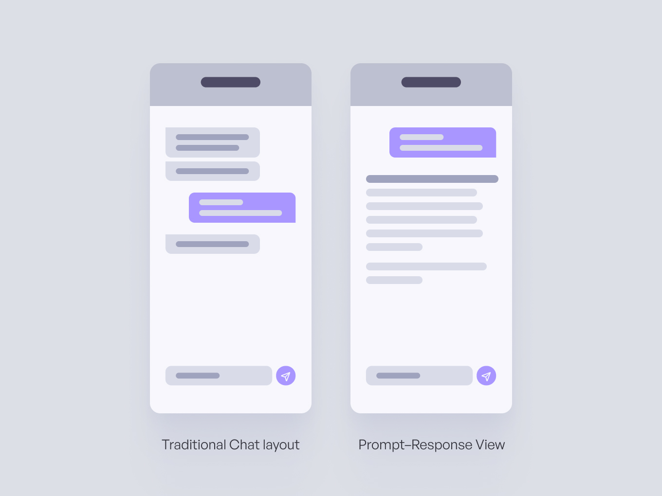Two phone layouts side by side. Left, "Traditional Chat layout," gives each speaker a fixed side. Right, "Prompt–Response View," stacks every message in one pane.
